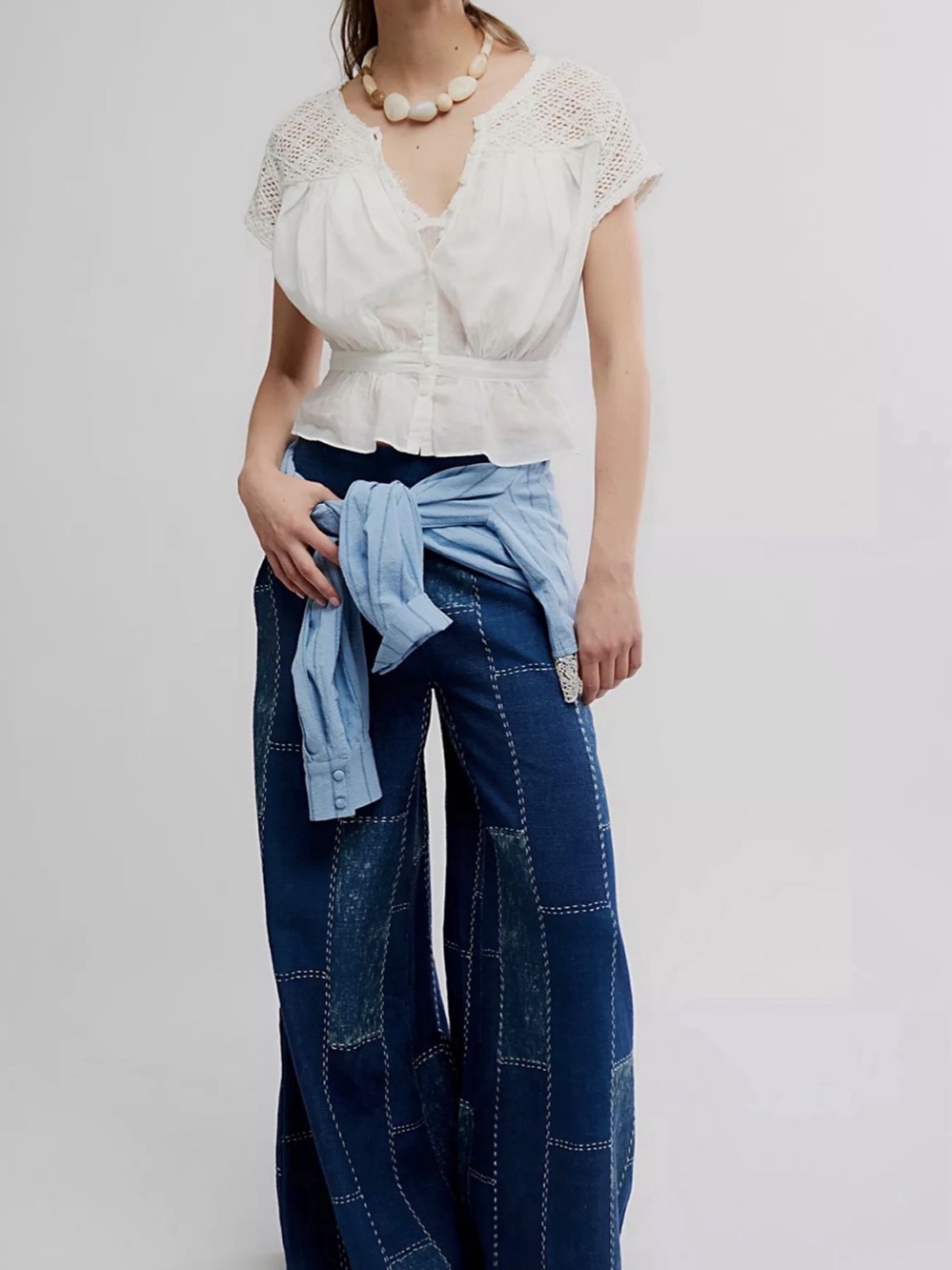 Free People We The Free Patchwork Wide Leg Blue Flare Jeans Size Small